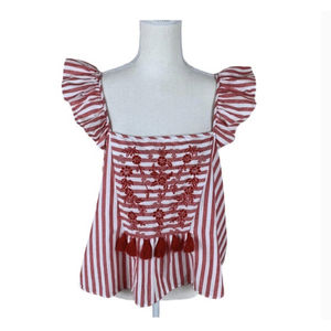 Zara Red and White Striped Embroidered Tassel Peplum Top